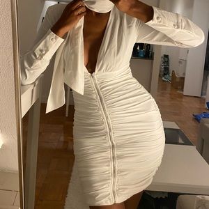 White dress with ruching and neck tie